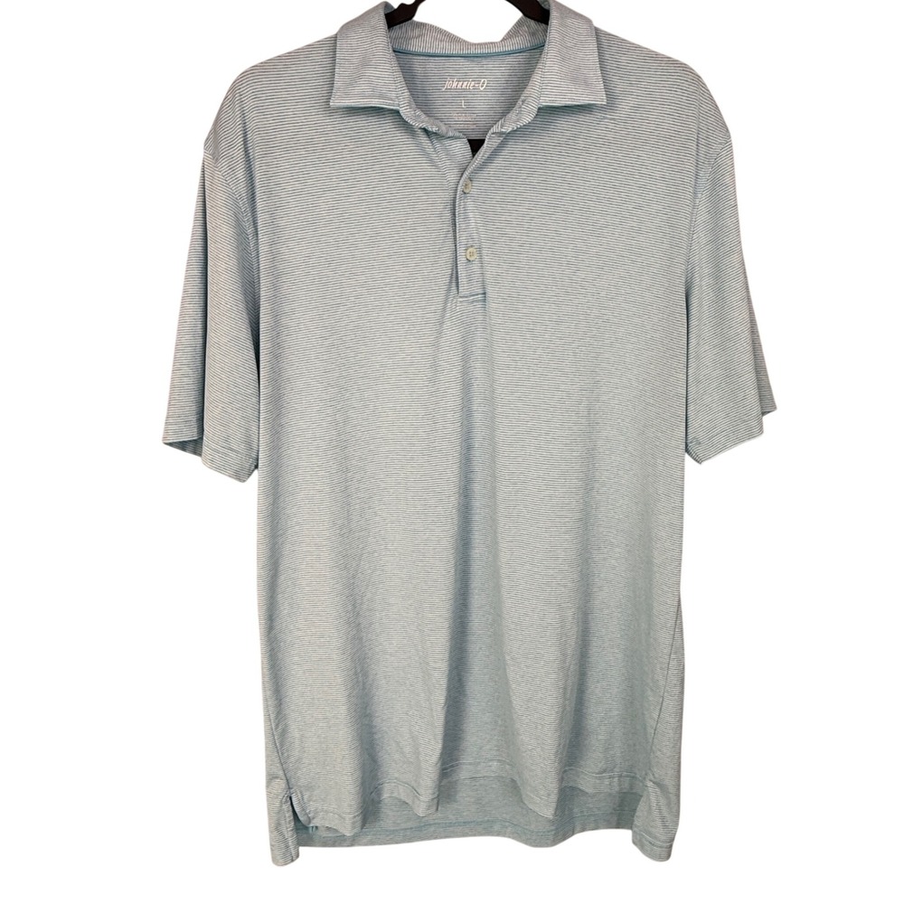 johnnie O Mens Large Polo Shirt Blue White Stripe Golf Casual performance